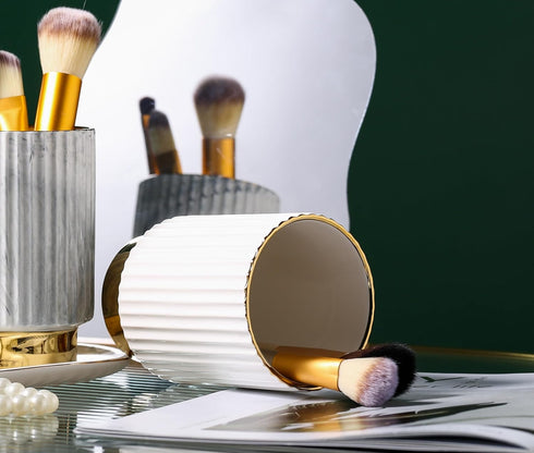 IEEK Glass Makeup Brush Holder Organizer - White and Gold Ceramic Cup for Brushes, Modern Striped Vase
