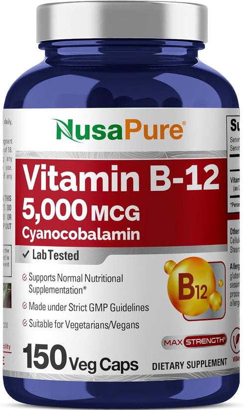 NusaPure Vitamin B12 - 5000 MCG, 150 Veggie Capsules (Non-GMO, Vegan), Max Strength