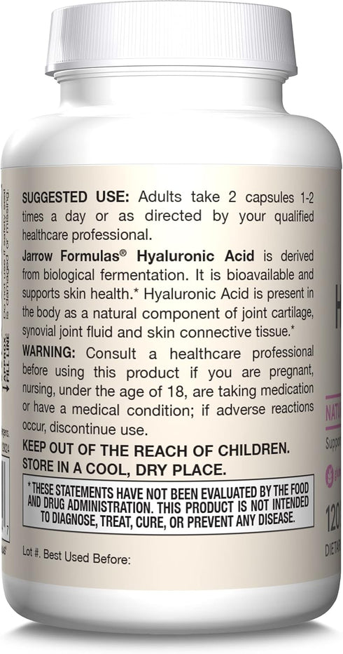 Jarrow Formulas Hyaluronic Acid - 120 mg, 120 Veggie Capsules - Dietary Supplement for Skin Health Support, Up to 60