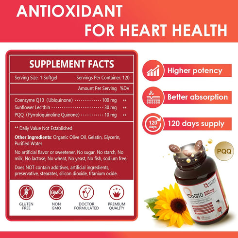 NATURE TARGET CoQ10-100mg-Softgels with 10mg PQQ - High Absorption Coenzyme-Q10 with Organic-Olive-Oil - Antioxidant for Heart & Brain Health, Cellular-Energy-Production, 120 Servings