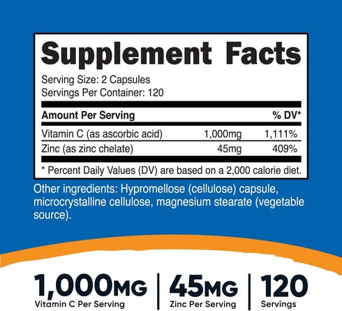 Nutricost Vitamin C with Zinc Supplement Capsules, 120 Servings - 1000mg Vitamin C, 45mg Zinc, Non-GMO, Gluten Free
