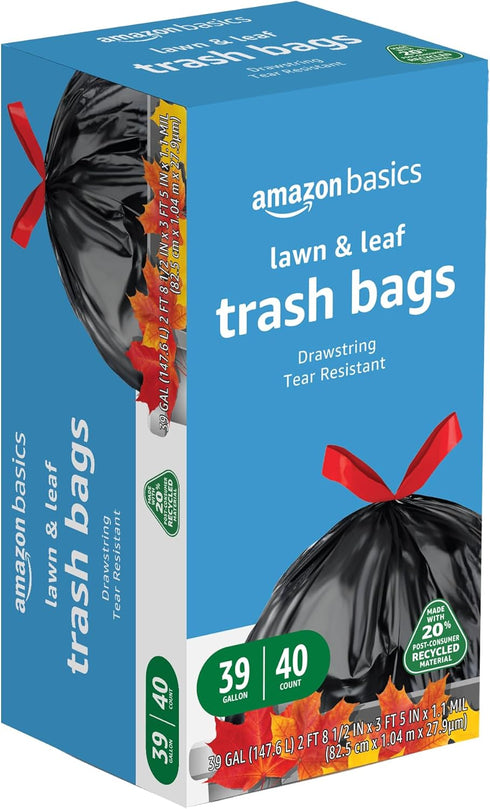 Amazon Basics Lawn & Leaf Drawstring Trash Bags, 39 Gallon, 40 Count, 20% Post Consumer Recycled Content