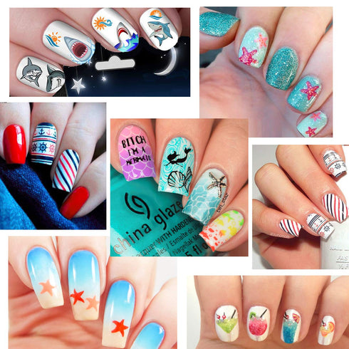TailaiMei Summer Beach Nail Stickers - 1500+ Pcs Self-Adhesive DIY Nail Art Decals, Shark Nautical Turtle Design (12