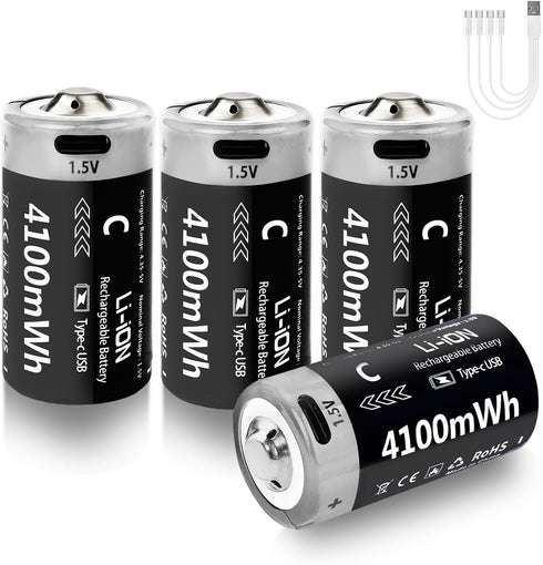 LDSMNLI 4100mWh Rechargeable Lithium C Batteries with USB-C Charging Cable, 1.5V C Cell