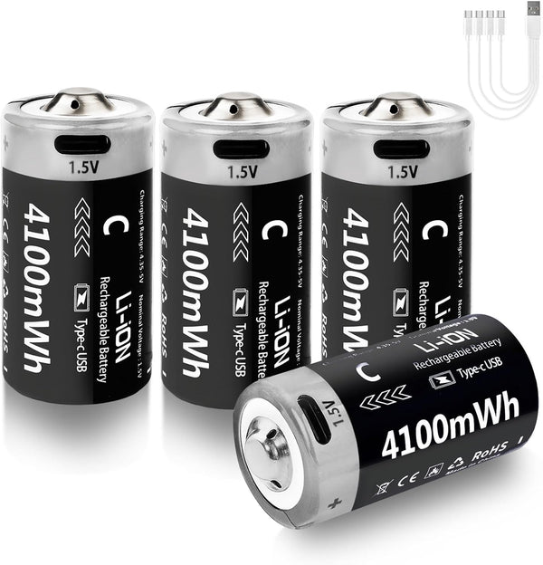 LDSMNLI 4100mWh Rechargeable Lithium C Batteries with USB-C Charging Cable, 1.5V C Cell