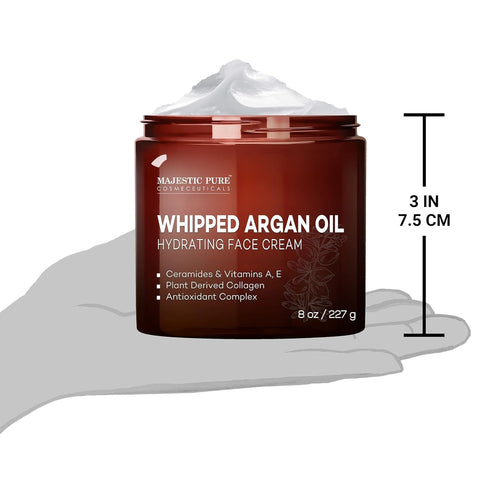 MAJESTIC PURE Whipped Argan Oil Moisturizer Face Cream, 8oz - Hydrates Dry and Oily Skin with Vitamin E, A, Collagen &