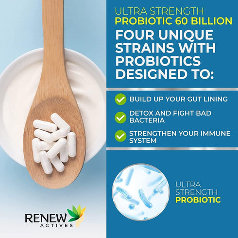Renew Actives New Probiotics - 60 Billion CFU with MAKTREK Bi-Pass Technology for Digestive Health, Immunity, 60