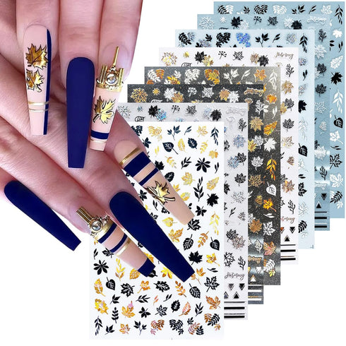 8 Sheets Gold Maple Leaf Nail Stickers - 3D Fall Nail Art Supplies, Holographic Autumn Design Foils
