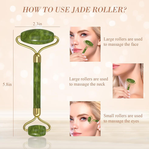 Jade Roller Gua Sha Set, Natural Facial Skin Care Beauty Tools, Face Roller Massager for Neck and Eye Treatment (Green)