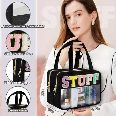 Chenille Letter Clear Makeup Bag, Preppy Cosmetic Bag with Zipper, Waterproof Travel Toiletry Bag for Women and Girls