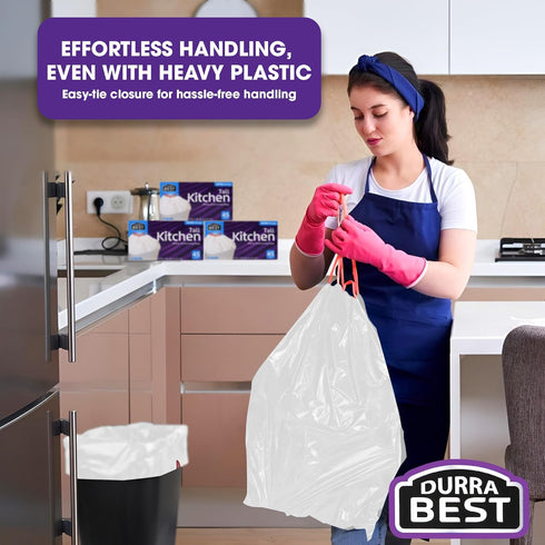 DURRA BEST. 13 Gallon Tall Kitchen Drawstring Trash Bags, 45 Count, Ultra Strong White Garbage Bags
