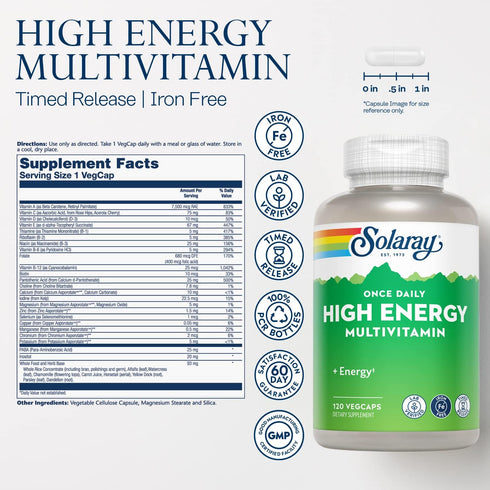 SOLARAY High Energy Multivitamin, No Iron, 1/Day, Timed-Release Formula, 120 VegCaps