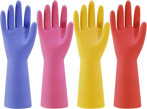 Rubber Kitchen Dishwashing Gloves - 4 Pairs Colorful Reusable Household Cleaning Gloves for Dishes