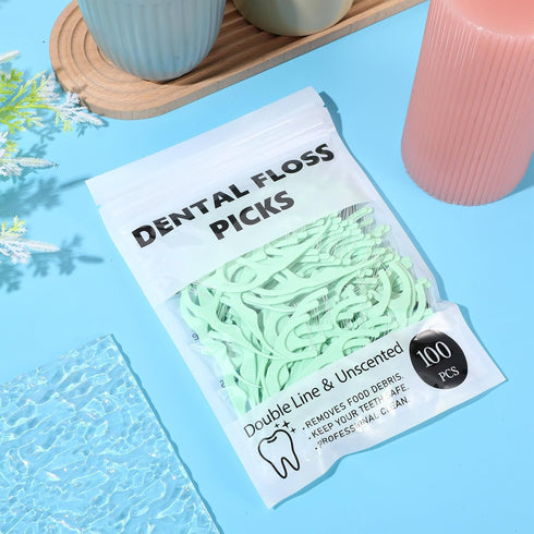 Baderke 100 Count Dual Line Floss Picks, Non-Breakable Dental Floss Picks for Adults, Family Travel (Light Green)