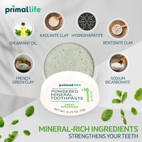 Primal Life Organics Dirty Mouth Toothpowder, 0.25 oz, Organic Vegan, Sweet Spearmint, 200+ Brushings