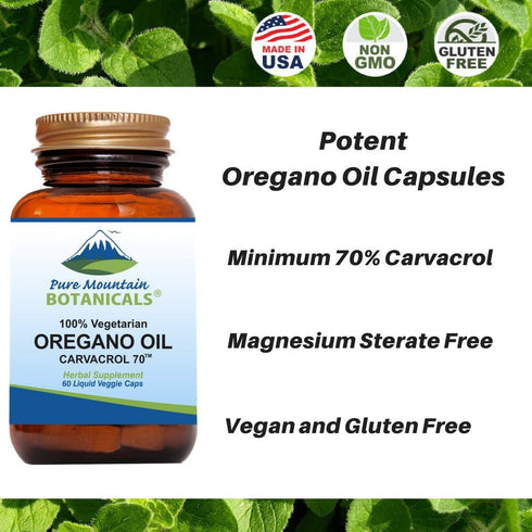 Pure Mountain Botanicals Wild Oregano Oil Capsules, 60 Kosher Vegan Caps, 510mg Mediterranean Oil