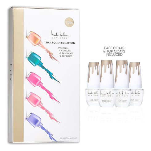 Nicole Miller 16 Colors Nail Polish Set + 2 Base Coats + 2 Top Coats – Glossy Colors Manicure Set - Long Lasting Fingernail and Toenail Polish for Women and Teen Girls