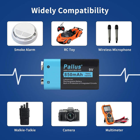 Pallus 9V 850mAh 9V Charger,6F22 Detectors,Toys,Flashlights4Pack Rechargeable Battery, Lithium-Ion Rechargeable