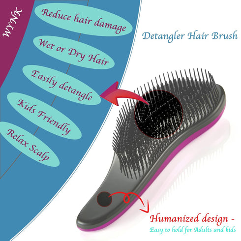 WYNK Detangling Brush 2-Pack for Adults & Kids, Blue & Purple Hairbrush for Curly/Thick/Wet Hair