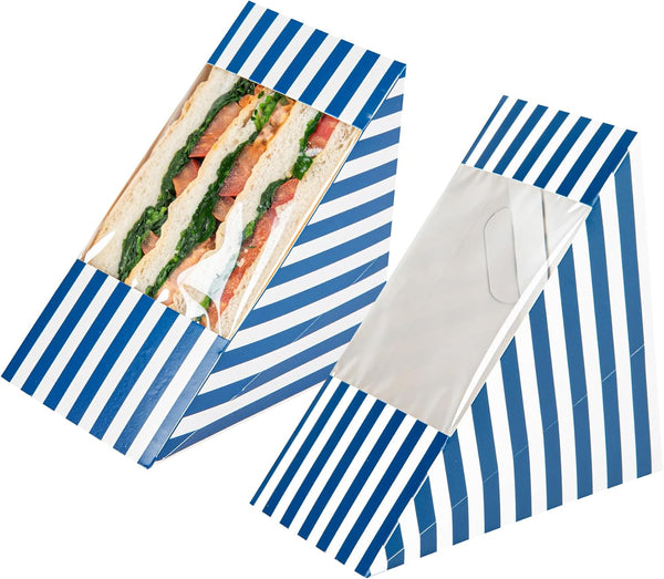 Restaurantware Cafe Vision Sandwich Paper Boxes - 25 Large Disposable Wedge Boxes with Window, Blue and White