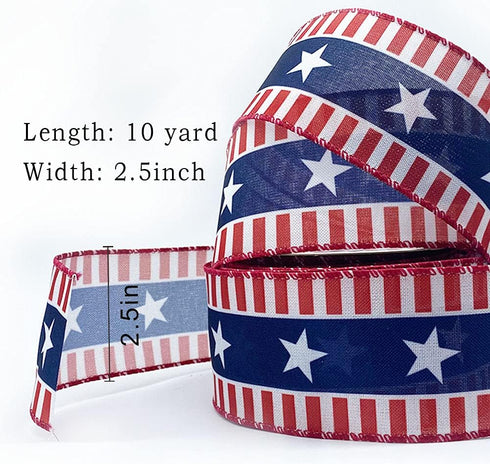 Hying 4th of July Ribbons for Crafting, 2.5" X 10 Yards Patriotic Wired Edge Ribbons American Stripes Stars Ribbons Blue Burlap Craft Ribbon Bows for Gift Wrapping Memorial Day Decorations by Hying