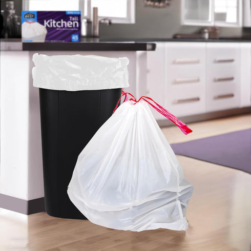 DURRA BEST. 13 Gallon Tall Kitchen Drawstring Trash Bags, 45 Count, Ultra Strong White Garbage Bags