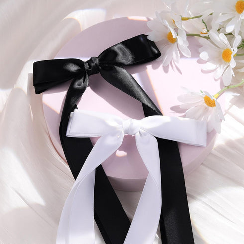 VOBOBE 4PCS Hair Bows for Women Girls, Black White Satin Tassel Bowknot Hair Clips Barrettes with Long Tail