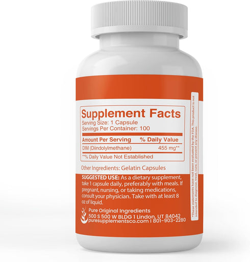 PURE ORIGINAL INGREDIENTS DIM Diindolylmethane, 100 Capsules, Pure, Lab Verified, No Fillers