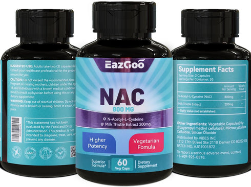 NAC Supplement N-Acetyl Cysteine 800mg with Milk Thistle 200mg - 60 Non-GMO Gluten Free Capsules