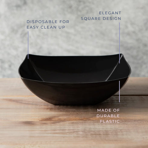PLASTICPRO Disposable Square Serving Bowls, Black Plastic Snack or Salad Bowl Pack of 4, 64 OUNCE