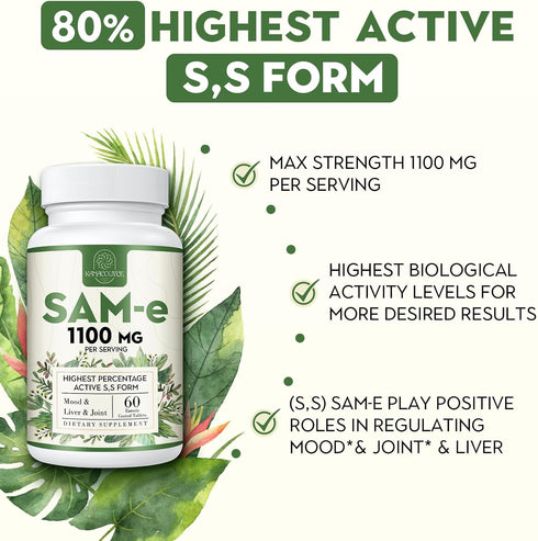 1100mg SAM-e (S-Adenosyl-L-Methionine) Supplement - Highest Concentration of Active S,S Form Same for Mood, Joint &