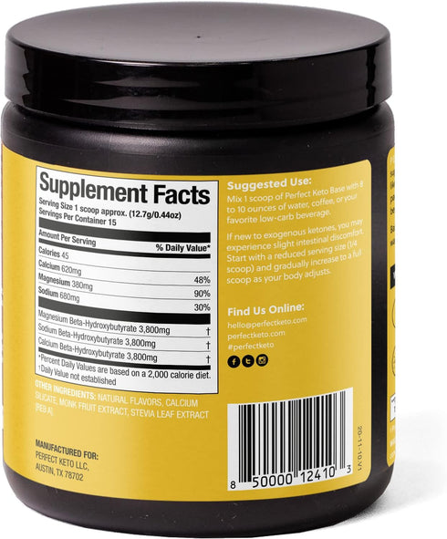 Perfect Keto Exogenous Ketones Powder, BHB Salts Supplement for Ketosis & Fasting, Vanilla, 6.7 oz, Plus Electrolytes