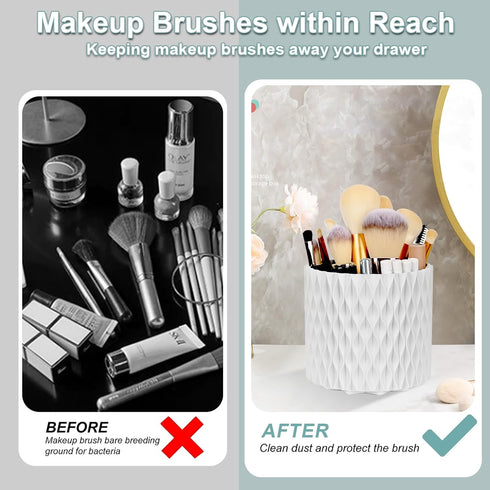 WAFJAMF Makeup Brush Holder, 360 Rotating Storage Cup for Vanity, Bathroom Countertop, 5 Slot Container - Pearl White