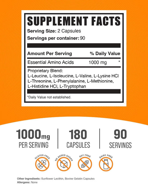 BulkSupplements.com Essential Amino Acids Capsules - EAA 1000mg - Gluten Free, 180 Capsules (Pack of 1)