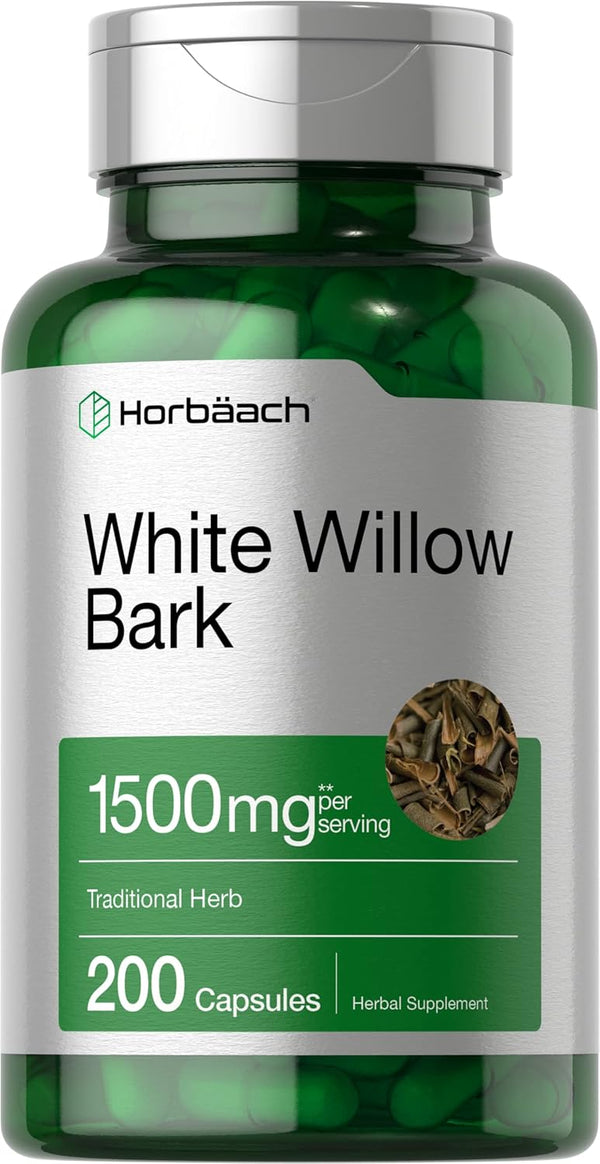 Horbaeach White Willow Bark Capsules, 1500mg, 200 Pills - Max Strength, Non-GMO, Gluten Free Herb Extract
