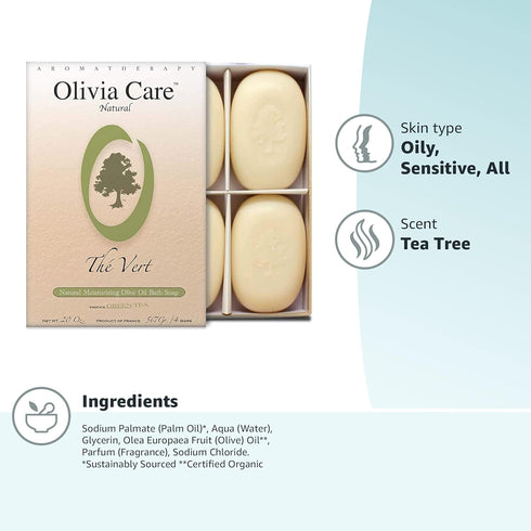 Olivia Care Bath & Body Bar Green Tea Soap, 4 Pack Gift Box, Organic Vegan Natural