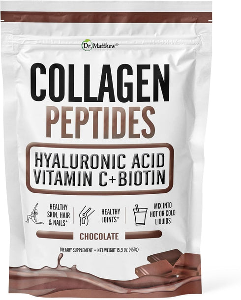 Chocolate Collagen Powder with Hyaluronic Acid and Vitamin C - Collagen Peptides for Hair, Skin, Nails, Joint, Keto