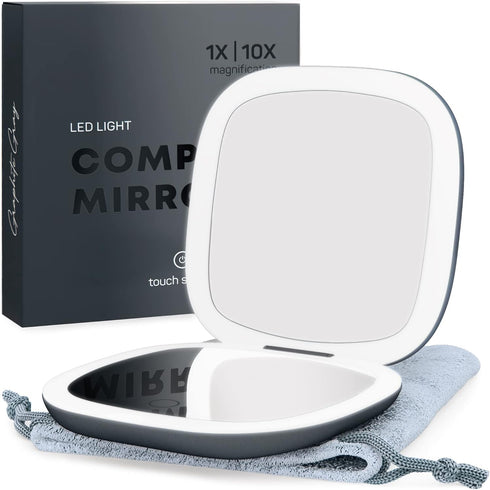 Mavoro LED Lighted Travel Makeup Mirror, Rechargeable, 1x/10x Magnification, Pocket or Purse Mirror, Touch Sensor