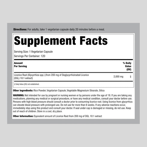 Piping Rock DGL Supplement | 2000mg | 120 Capsules | Licorice Root | Mega Potency | Herbal Extract | Vegetarian, Non GMO, Gluten Free