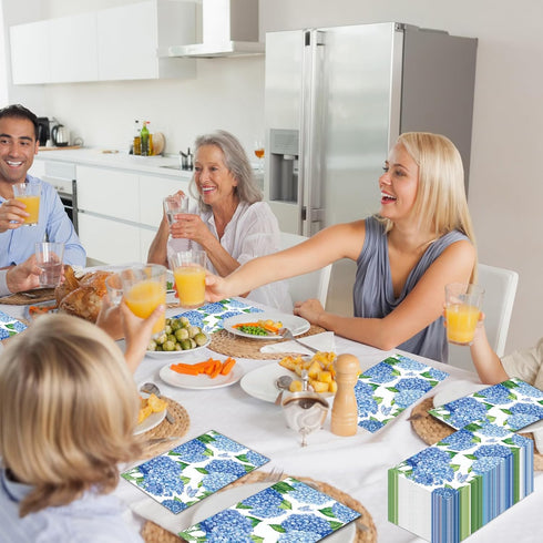 SMUAENSS 100 3-Ply Summer PCS Hydrangea Paper Napkins, Blue Hydrangea Floral Paper Napkins Disposable Hand Towels