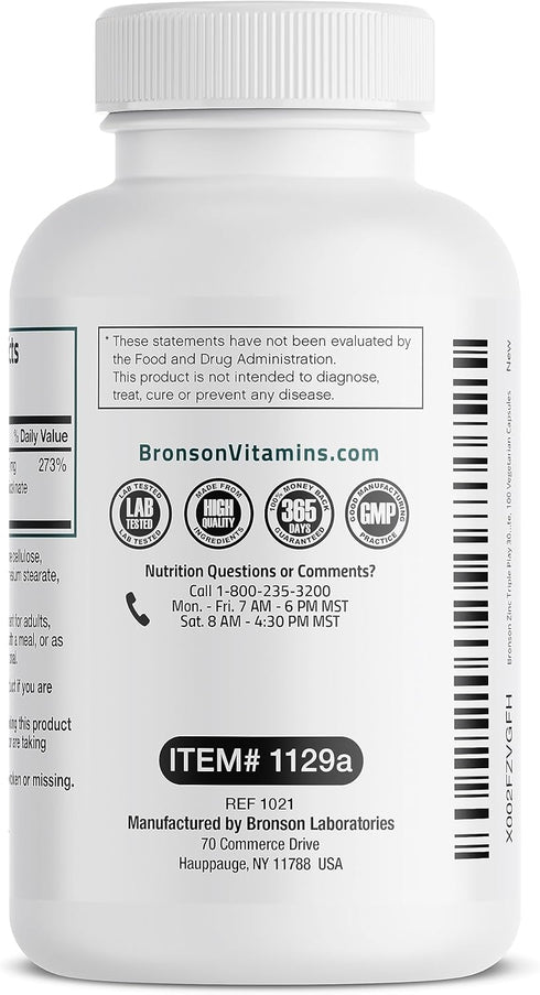 Bronson Zinc Triple Play 30 mg Immune Support Supplement with Zinc Acetate, Picolinate & Orotate - 100 Vegetarian