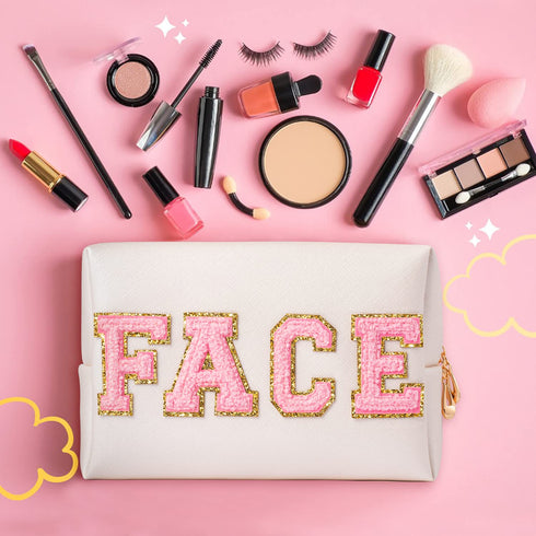 Y1tvei Preppy Patch FACE Letter Cosmetic Toiletry Bag, PU Leather Portable Makeup Bag for Women Girls Teen (Shell Gold)