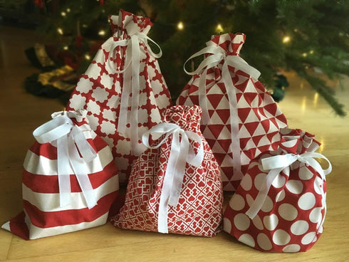 100% Cotton Gift Bags, Standard Set, Red, Set of 5 bags: three 16"x12" and two 10"x8"