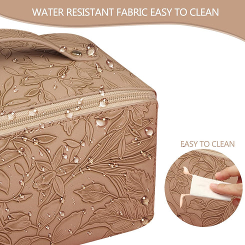 Makeup Bag Large Capacity Travel Cosmetic Bag with Compartment Waterproof PU Leather Makeup Bag Portable Flower Makeup Bag for Women and Girl Travel Khaki Makeup Organizer Bag