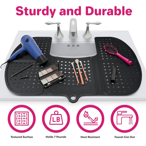Sink Topper Foldable Sink Cover - Silicone Makeup Brush Cleaning Mat & Hot Tools Organizer - Large, Black