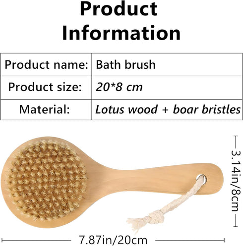 Dry Bath Body Brush with Short Handle, Natural Bristles Back Scrubber, Anti-Slip Wooden Handle for Exfoliation, Blood Circulation, and Cellulite Reduction