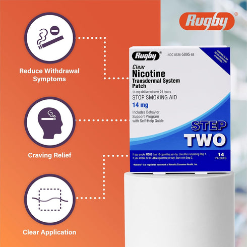 Rugby Clear Nicotine Patches - Transdermal System Patch for Smoking or Vaping Quitting Aid - Step 2-14mg - 14 Count