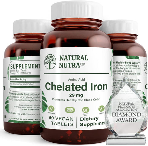 Natural Nutra Chelated Iron Supplement for Men & Women, 90 Tablets for Nails, Skin, Hair Health, Gluten Free