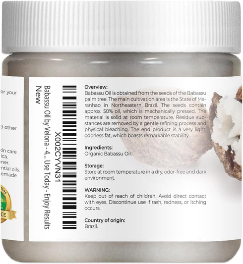 velona Babassu Oil, USDA Certified Organic - 4 Fl Oz, 100% Pure Carrier Oil for Face, Hair, Body & Skin Care