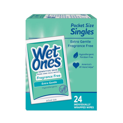Wrapped,24ct (6 pack) Wet Ones Hand and Face Wipes Singles, Unscented Wipes for Sensitive Skin, Individual Wipes, Hand